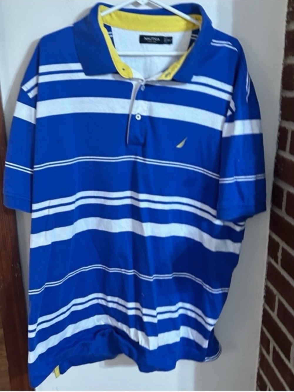 Nautica Size 3XLT Royal Blue & White Striped Polo with Yellow Trim